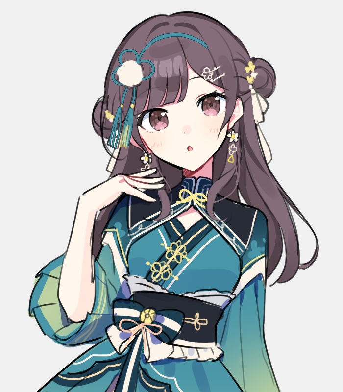 1girl, black_sash, blue_bow, blue_dress, blue_hairband, blush, bow, brown_eyes