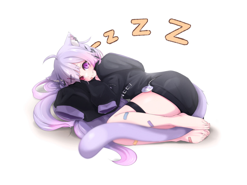 1girl, animal_ears, bandaid, bandaid_on_face, bandaid_on_foot, bandaid_on_leg, barefoot, between_legs, black_hoodie, cat_ears, cat_girl, cat_tail, full_body, heterochromia, highres, hood, hoodie, indie_virtual_youtuber, kumo_keki, long_hair, long_sleeves, looking_at_viewer, lying, mikeneko_(vtuber), mikeneko_(vtuber)_(2nd_costume), on_side, purple_hair, red_eyes, sleeves_past_fingers, sleeves_past_wrists, tail, tail_between_legs, violet_eyes, virtual_youtuber