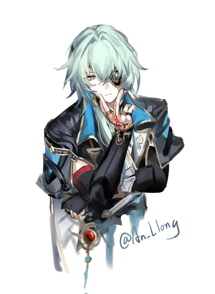 1boy, an_llong, anaxa_(honkai:_star_rail), aqua_hair, black_jacket, blue_eyes, closed_mouth, eyepatch, half-closed_eyes, hand_tattoo, hand_up, highres, honkai:_star_rail, honkai_(series), jacket, looking_at_viewer, male_focus, medium_hair, multicolored_eyes, one_eye_covered, pink_eyes, red_tattoo, simple_background, solo, tattoo, twitter_username, two-tone_eyes, white_background
