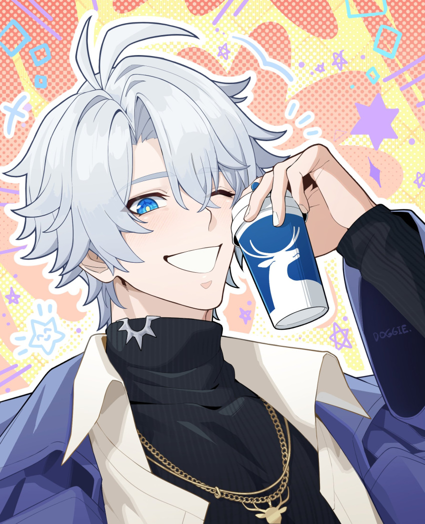 1boy, antenna_hair, black_sweater, blue_eyes, coat, cup, doggie117, grey_hair