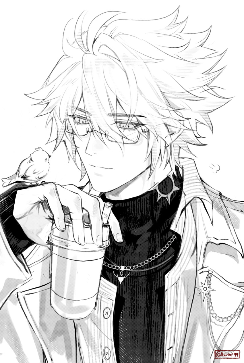 1boy, absurdres, antenna_hair, bespectacled, black_sweater, coat, cup, glasses