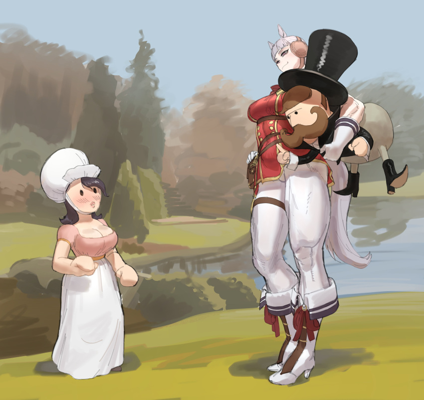 1boy, 2girls, absurdres, alternate_muscle_size, animal_ears, blunt_bangs, blush, bow