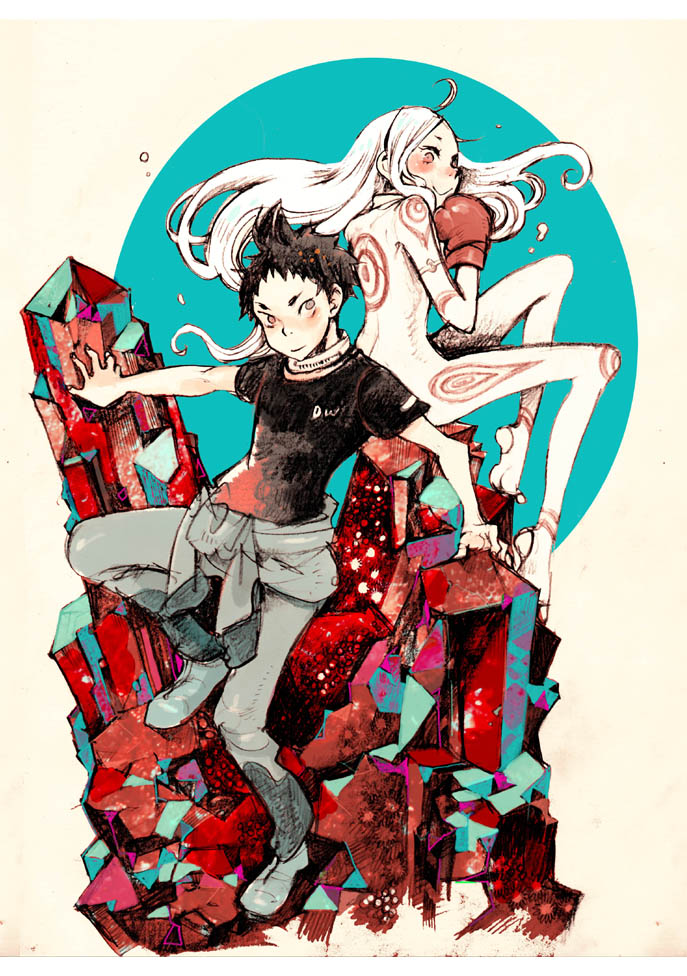 albino, black_hair, blush, bodysuit, brown_eyes, character_request, collar, deadman_wonderland