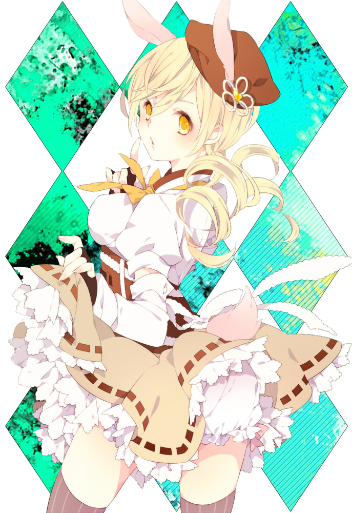 animal_ears, bad_id, beret, blonde_hair, bloomers, bunny_ears, drill_hair, fingerless_gloves