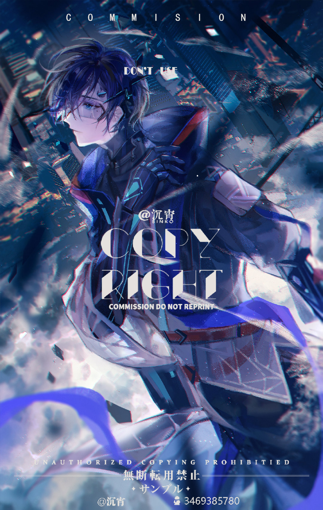 1boy, adjusting_hood, arm_at_side, black_jacket, black_pants, black_shirt, blue_hair, building