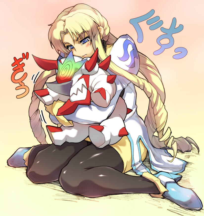 blonde_hair, blue_eyes, blush, dimensional_armed_monster, drill_hair, hisahiko, hug, long_hair