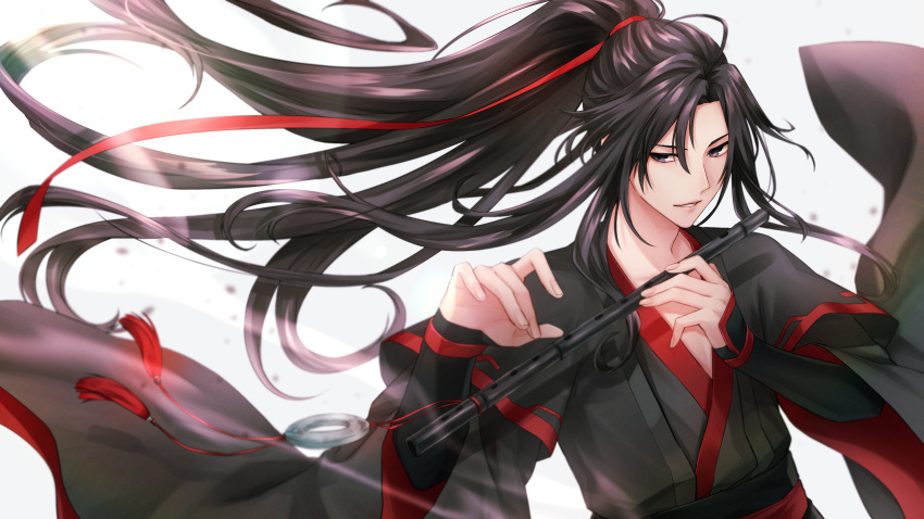 1boy, absurdres, ahoge, bishounen, black_eyes, black_hair, black_hanfu, chinese_clothes