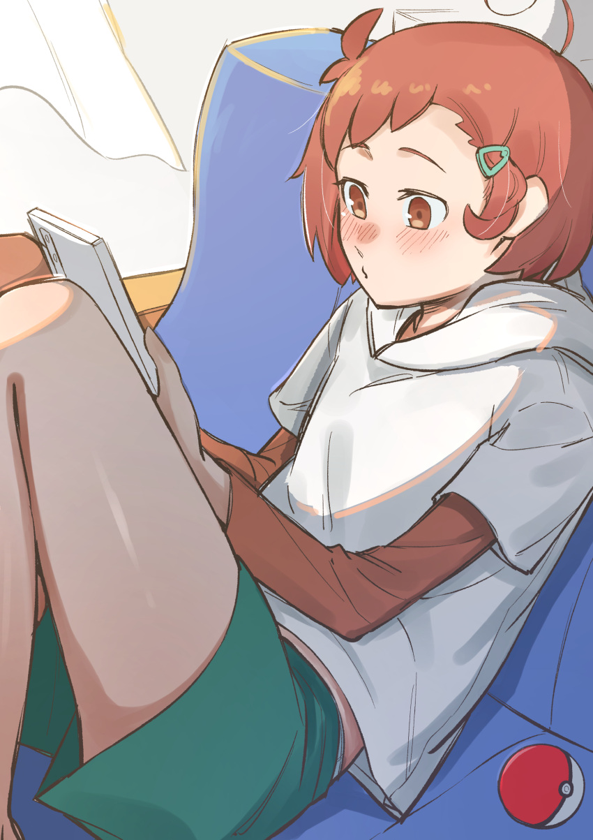 1girl, absurdres, blossom_(pokemon), brown_eyes, brown_hair, cellphone, commentary_request, green_shorts