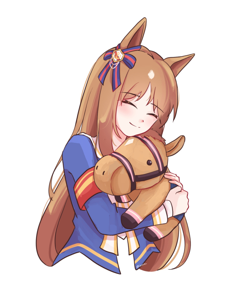1girl, animal_ears, blue_jacket, blush, bow, brown_hair, closed_eyes, closed_mouth
