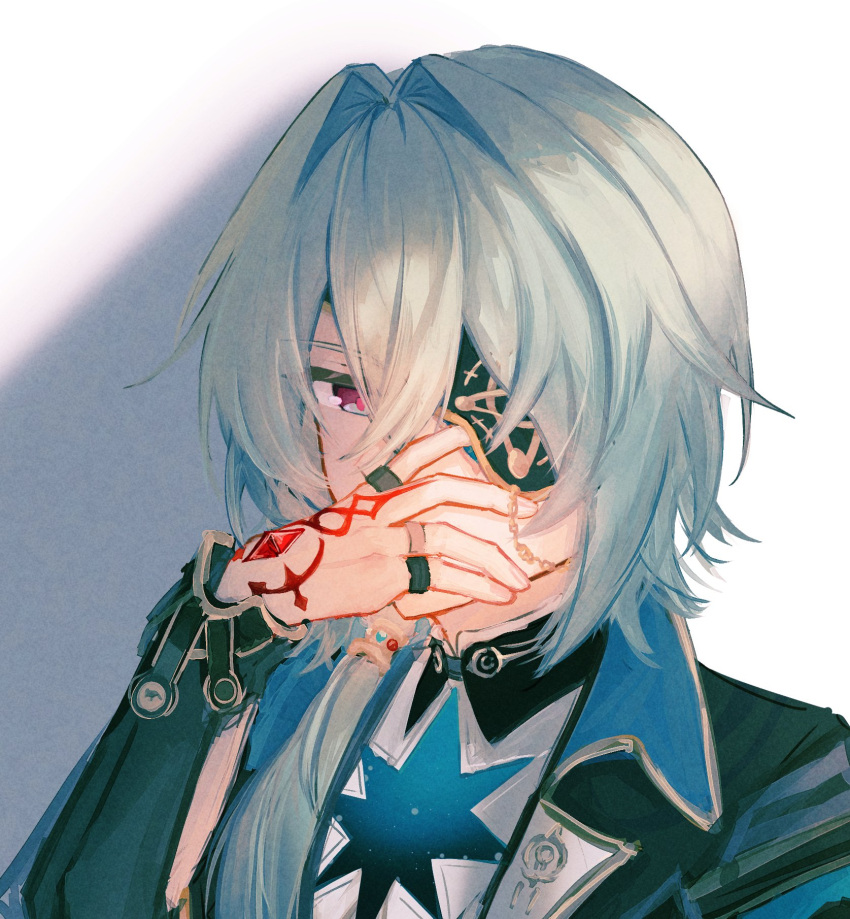1boy, anaxa_(honkai:_star_rail), aqua_hair, black_jacket, blue_eyes, chain, covered_mouth, eyepatch, hair_between_eyes, hair_intakes, hand_tattoo, hand_up, highres, honkai:_star_rail, honkai_(series), jacket, jewelry, lapels, looking_at_viewer, male_focus, mandarin_collar, medium_hair, multicolored_eyes, multiple_rings, nilre_takoi, notched_lapels, one_eye_covered, pink_eyes, pink_pupils, red_tattoo, ring, shadow, shirt, solo, tattoo, two-tone_eyes, white_background, white_shirt