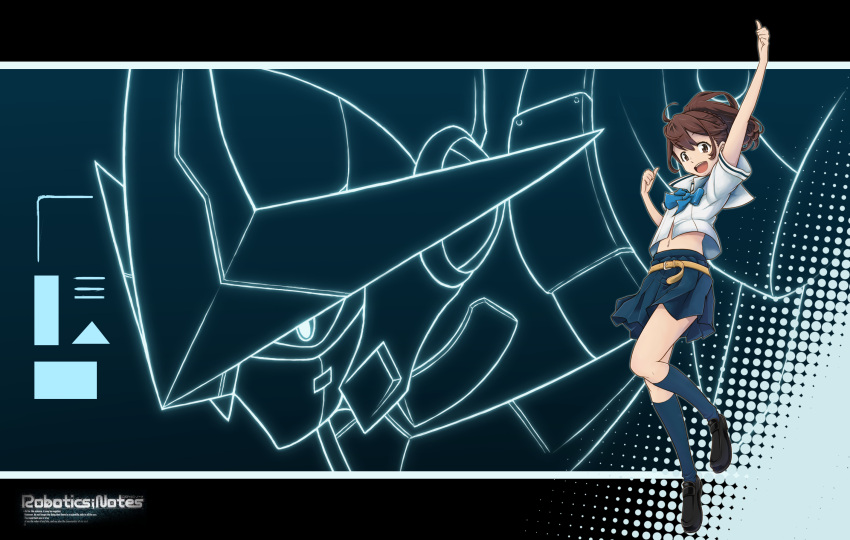 1girl, black_shoes, blue_socks, blush, brown_eyes, brown_hair, chuo_tanegashima_high_school_uniform, crop_top