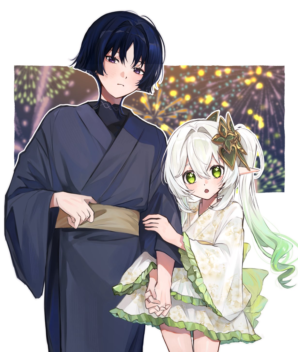 1boy, 1girl, aerial_fireworks, alternate_costume, arm_at_side, black_bodysuit, black_hair, black_kimono