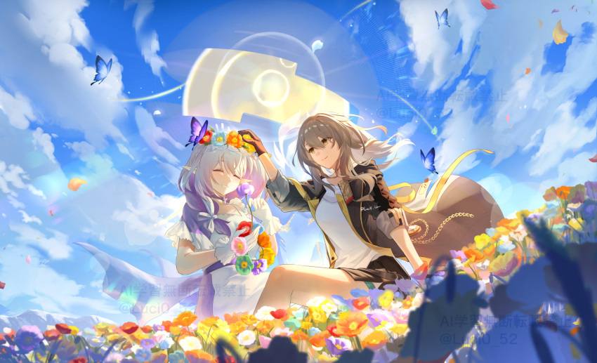 2girls, black_gloves, black_jacket, black_skirt, blue_sky, breasts, bug, butterfly