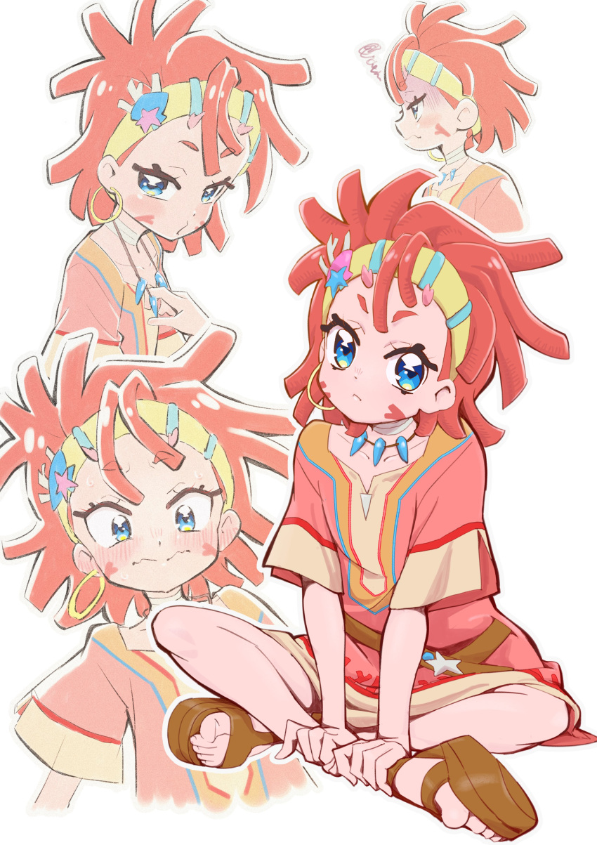 1girl, absurdres, blue_eyes, blush, closed_mouth, colored_eyelashes, colored_skin, crossed_legs, dress, earrings, embarrassed, headband, highres, hoop_earrings, itaoka1, jewelry, kimi_to_idol_precure, looking_at_viewer, multiple_expressions, precure, red_hair, red_skin, sandals, shell, short_hair, short_sleeves, single_earring, sitting, solo_focus, star_(symbol), tentacle_hair, tera_(precure), thick_eyebrows