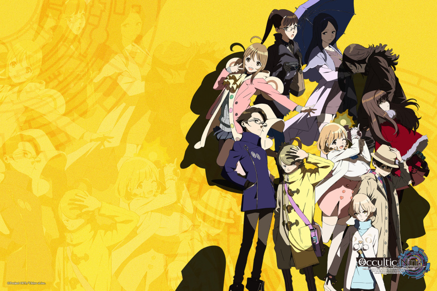 4boys, 6+girls, :d, :o, ahoge, aikawa_miyuu, animal_ear_hood, bag, black_boots, black_eyes, black_gloves, black_hair, black_hairband, black_jacket, black_pants, black_pantyhose, blue_jacket, blue_necktie, blunt_bangs, boots, bow, breasts, brown_coat, brown_eyes, brown_hair, brown_jacket, buttons, camera, capelet, cardigan, character_name, clenched_teeth, coat, collared_shirt, cuffs, double-breasted, dress, dress_bow, dress_shirt, dutch_angle, fedora, from_behind, fur-trimmed_capelet, fur_trim, gamon_yuuta, glasses, gloves, gold_necklace, green_hair, grey_cardigan, grey_eyes, grey_neckerchief, grin, hair_between_eyes, hair_ornament, hairband, hairclip, hand_in_pocket, hand_on_own_hat, handcuffs, hands_in_pockets, happy, hashigami_sarai, hat, headband, heart, heart_button, heart_hair_ornament, high-waist_skirt, high_ponytail, highres, holding, holding_bag, holding_camera, holding_ray_gun, holding_umbrella, hood, huge_breasts, impossible_clothes, jacket, jacket_over_coat, jewelry, kisaki_asuna, knee_boots, kurenaino_aria, kusakabe_kiryuu, lapels, leather, leather_jacket, leg_warmers, long_hair, long_sleeves, looking_at_viewer, looking_back, medium_breasts, medium_hair, miniskirt, moritsuka_shun, multicolored_buttons, multicolored_coat, multicolored_gloves, multiple_boys, multiple_girls, narusawa_ryouka, neckerchief, necklace, necktie, nervous_sweating, nishizono_ririka, notched_lapels, occultic;nine, official_art, one_eye_closed, open_clothes, open_coat, open_mouth, pants, pantyhose, parted_lips, pink_bag, pink_jacket, pink_skirt, pleated_skirt, ponytail, purple_capelet, purple_headband, purple_sweater, red_capelet, school_uniform, science_adventure, serious, shiny_eyes, shirt, short_hair, sidelocks, skirt, smile, standing, suit_jacket, sumikaze_touko, sweat, sweater, sweater_dress, teeth, thigh-highs, thighs, tongue, torn_clothes, torn_shirt, umbrella, upper_teeth_only, white-framed_eyewear, white_coat, white_leg_warmers, white_shirt, white_thighhighs, yellow_coat