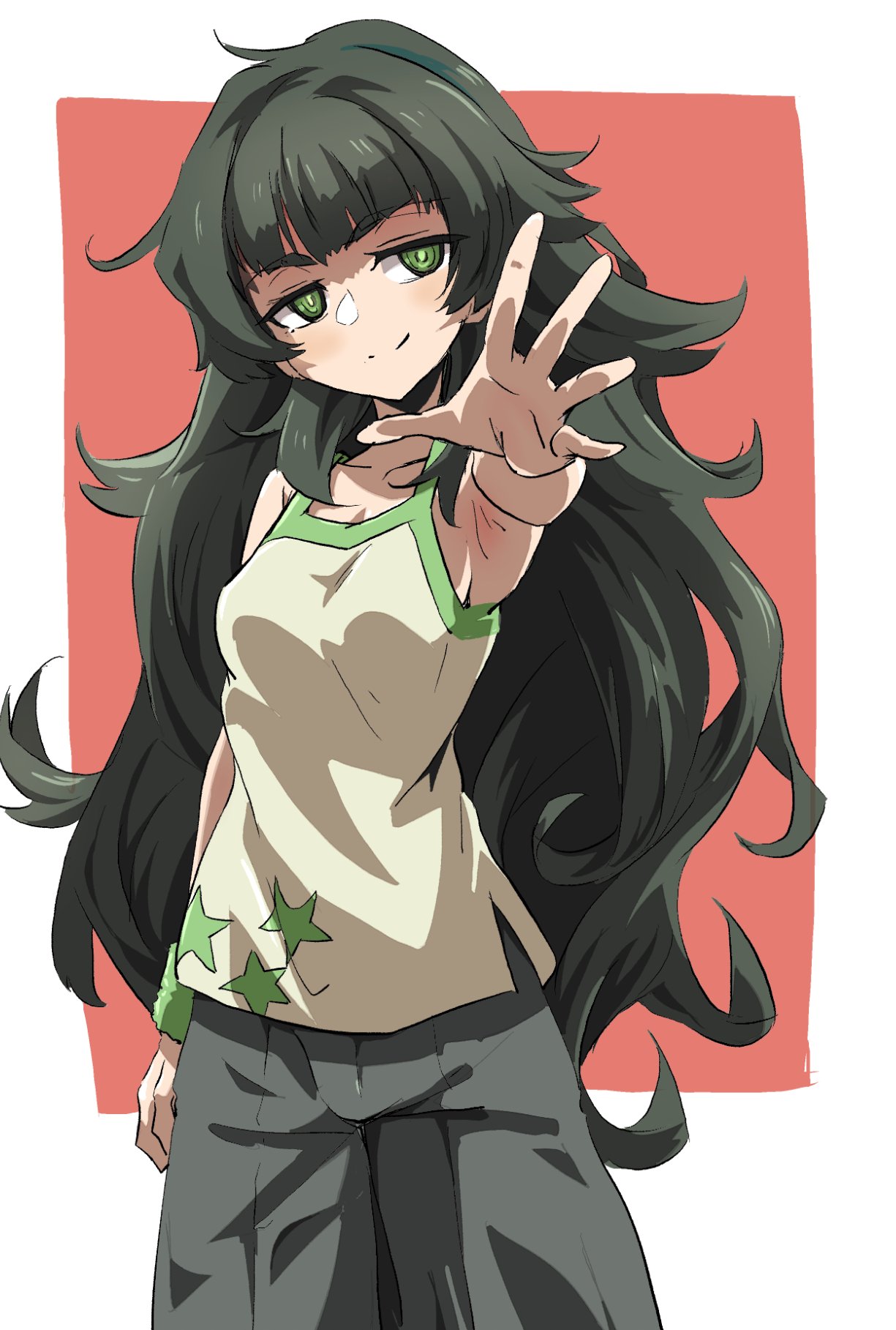 1girl, blunt_bangs, breasts, closed_mouth, collarbone, cowboy_shot, green_eyes, green_hair, hair_between_eyes, highres, hiyajou_maho, long_hair, looking_at_viewer, messy_hair, pants, reaching, reaching_towards_viewer, sadarann, science_adventure, simple_background, small_breasts, solo, steins;gate, steins;gate_0, thick_eyebrows, very_long_hair