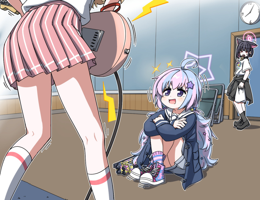 3girls, ahoge, animal_ears, ankle_socks, bag, beads, black_hair, black_jacket