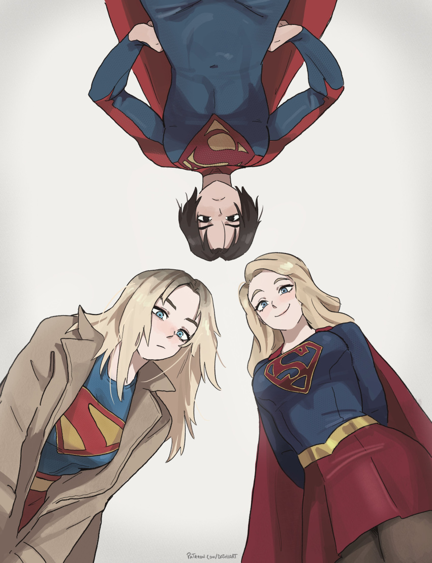 3girls, absurdres, bent_over, black_hair, blue_bodysuit, blue_eyes, blue_shirt, bodysuit