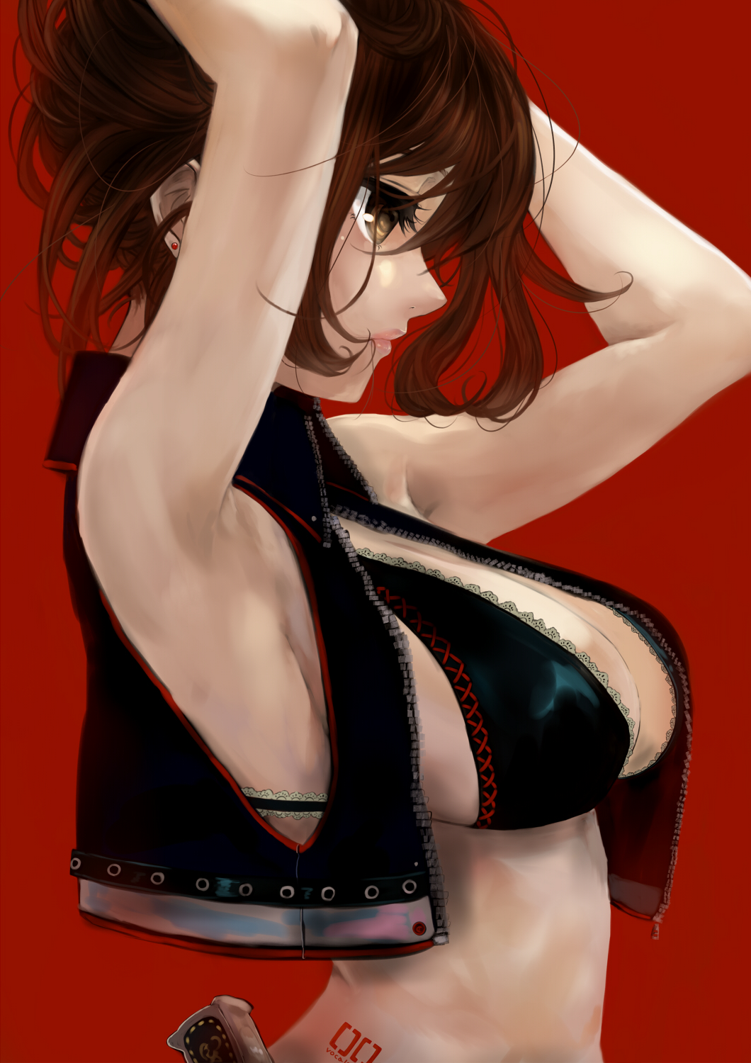 adjusting_hair, armpits, arms_up, bikini_top, bolero, breasts, brown_hair, cleavage