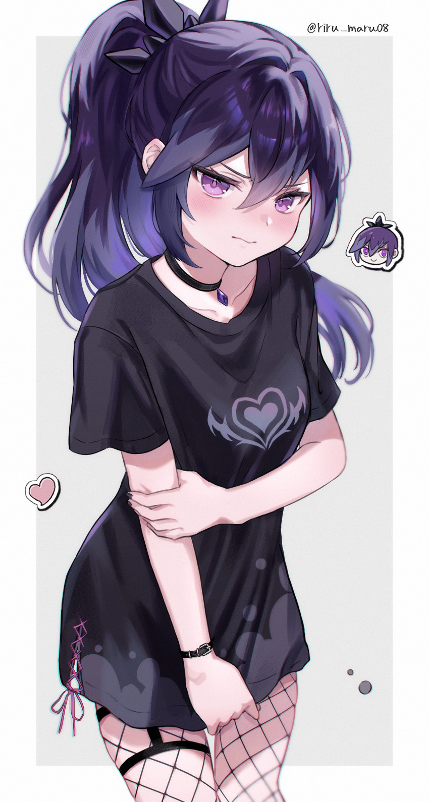 1girl, alternate_costume, black_choker, black_nails, black_shirt, blush, border, bracelet