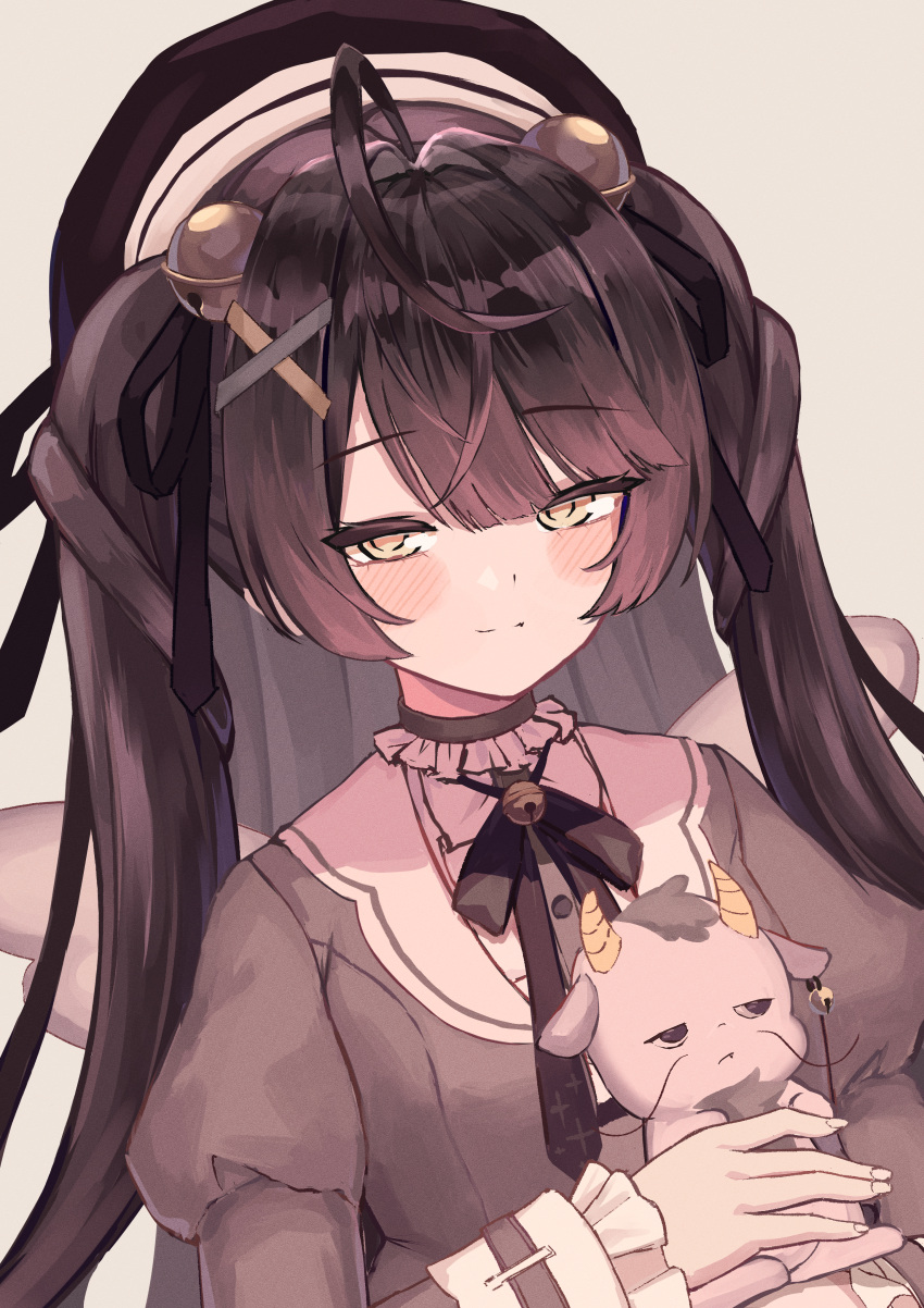 1girl, absurdres, ahoge, alternate_hair_color, amamiya_kokoro, ami_no_fuda, bell, black_bow