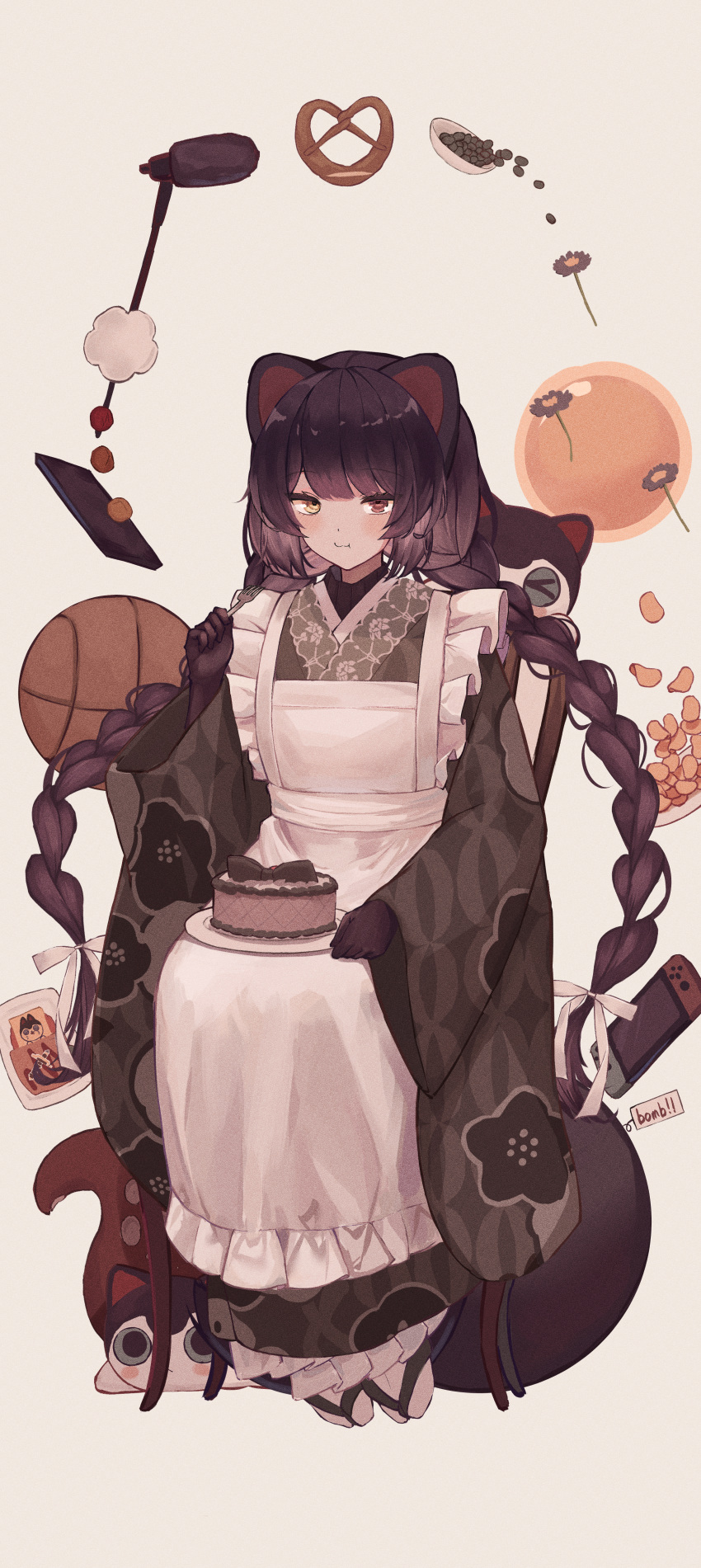 1girl, :3, absurdres, ami_no_fuda, animal_ears, apron, ball, black_gloves