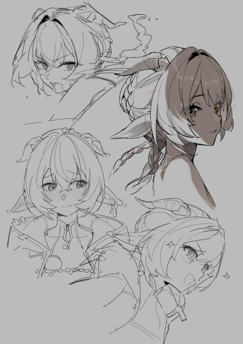 1girl, absurdres, ahoge, braid, breasts, ear_tag, goat_horns, highres