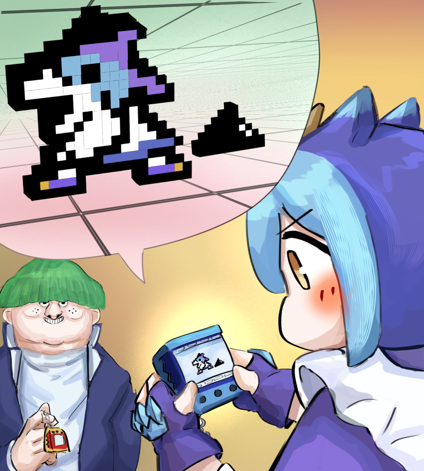 1boy, 1girl, blue_hair, blush_stickers, dragon_girl, dragonmaid_nudyarl, duel_monster, green_hair