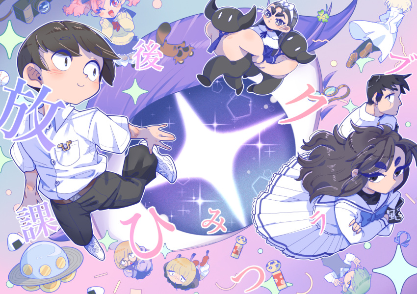 +_+, 4boys, 4girls, arigasaki_chitose, armband, black_hair, black_pants, blush