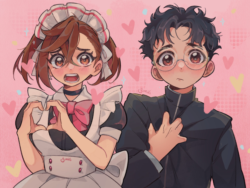 1boy, 1girl, absurdres, apron, ayase_momo, bimas, black_choker, black_dress, black_hair, black_jacket, blush, bow, bowtie, brown_eyes, brown_hair, choker, crossed_bangs, dandadan, dress, embarrassed, english_commentary, gakuran, glasses, hand_on_own_chest, heart, heart_hands, highres, jacket, kami_high_school_uniform, looking_at_viewer, maid, maid_apron, maid_headdress, moe_moe_kyun!, official_alternate_costume, open_mouth, pink_background, pink_bow, pink_bowtie, puffy_short_sleeves, puffy_sleeves, round_eyewear, school_uniform, short_hair, short_sleeves, signature, takakura_ken_(dandadan), twintails, upper_body
