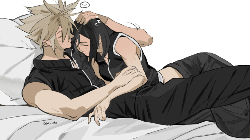 1boy, 1girl, 4k1030, absurdres, apron, bare_arms, bare_shoulders, bed_sheet, black_apron, black_hair, black_pants, black_shirt, black_shorts, black_vest, blonde_hair, closed_eyes, closed_mouth, cloud_strife, couple, crop_top, cuddling, earrings, feet_out_of_frame, final_fantasy, final_fantasy_vii, final_fantasy_vii_advent_children, girl_on_top, hair_between_eyes, hand_on_another's_head, headpat, highres, jewelry, long_hair, lying, lying_on_person, motion_lines, on_back, on_bed, on_person, on_stomach, pants, pillow, shirt, shorts, single_earring, sleeveless, sleeveless_shirt, spiky_hair, tank_top, tifa_lockhart, twitter_username, vest, waist_apron, white_background, white_tank_top, zipper