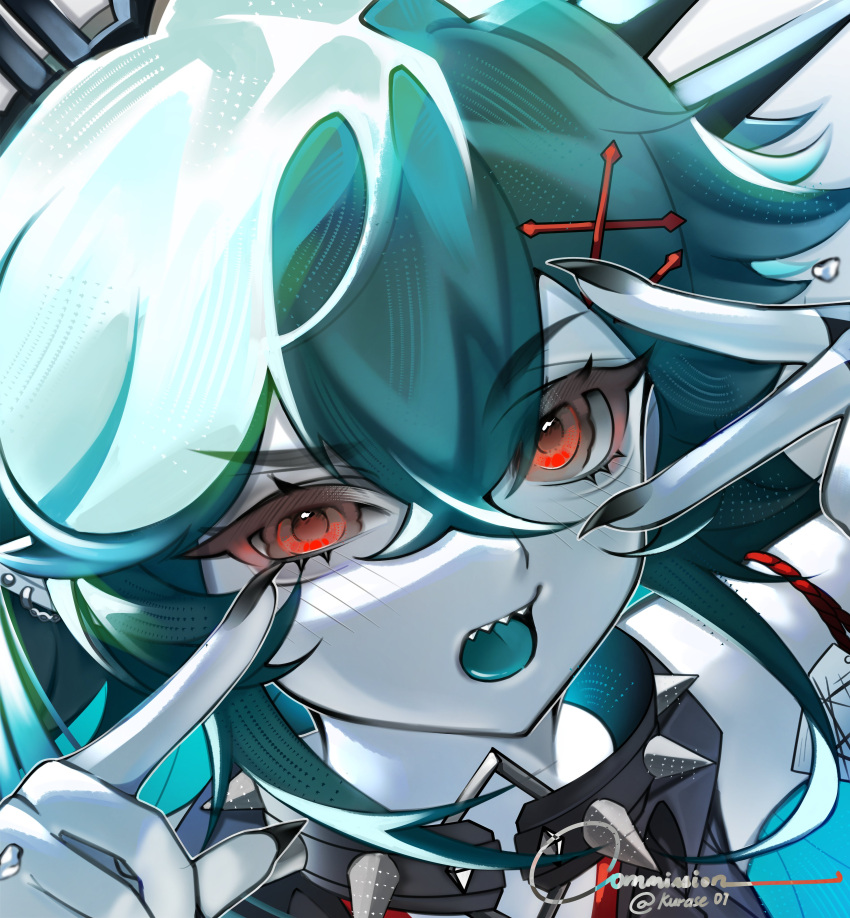 1girl, absurdres, artist_name, black_collar, black_nails, collar, colored_skin, colored_tongue, commentary, commission, crossed_bangs, double-parted_bangs, english_commentary, eros_valentyne, green_hair, green_tongue, grey_skin, hair_between_eyes, hair_ornament, hands_up, highres, indie_virtual_youtuber, kurase_07, looking_at_viewer, nail_polish, open_mouth, portrait, red_eyes, sharp_teeth, short_hair, solo, spiked_collar, spikes, teeth, tongue, v, vgen_commission, virtual_youtuber, x_hair_ornament