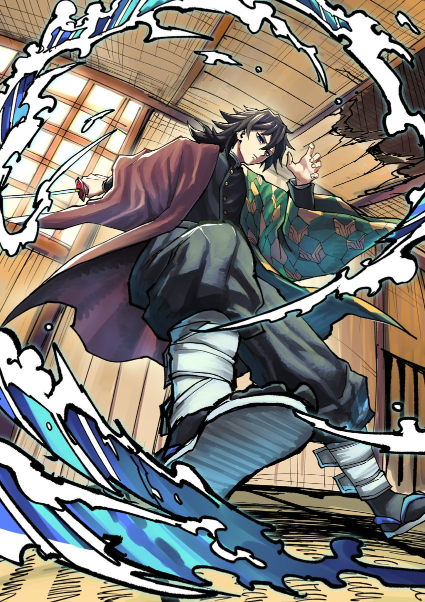 1boy, black_hair, black_jacket, black_pants, blue_eyes, buttons, closed_mouth, demon_slayer_uniform, empty_eyes, hand_up, haori, highres, indoors, jacket, japanese_clothes, kimetsu_no_yaiba, long_hair, low_ponytail, male_focus, pants, ponytail, print_haori, red_haori, sandals, slashing, solo, spiky_hair, tomioka_giyuu, tsumiki_(tsu_miki), water
