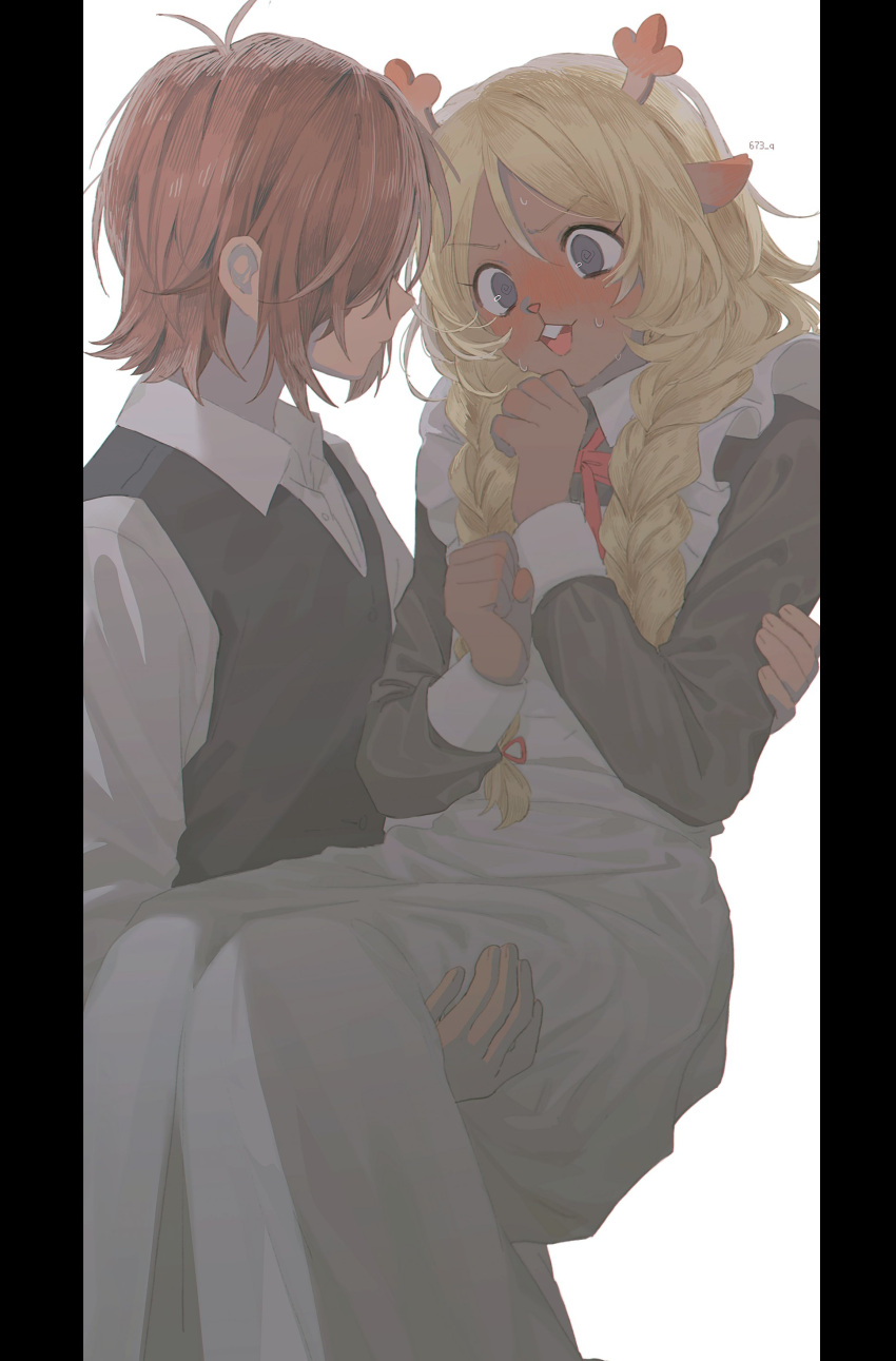 1girl, 1other, 673_q, @_@, absurdres, alternate_costume, animal_ears, antlers