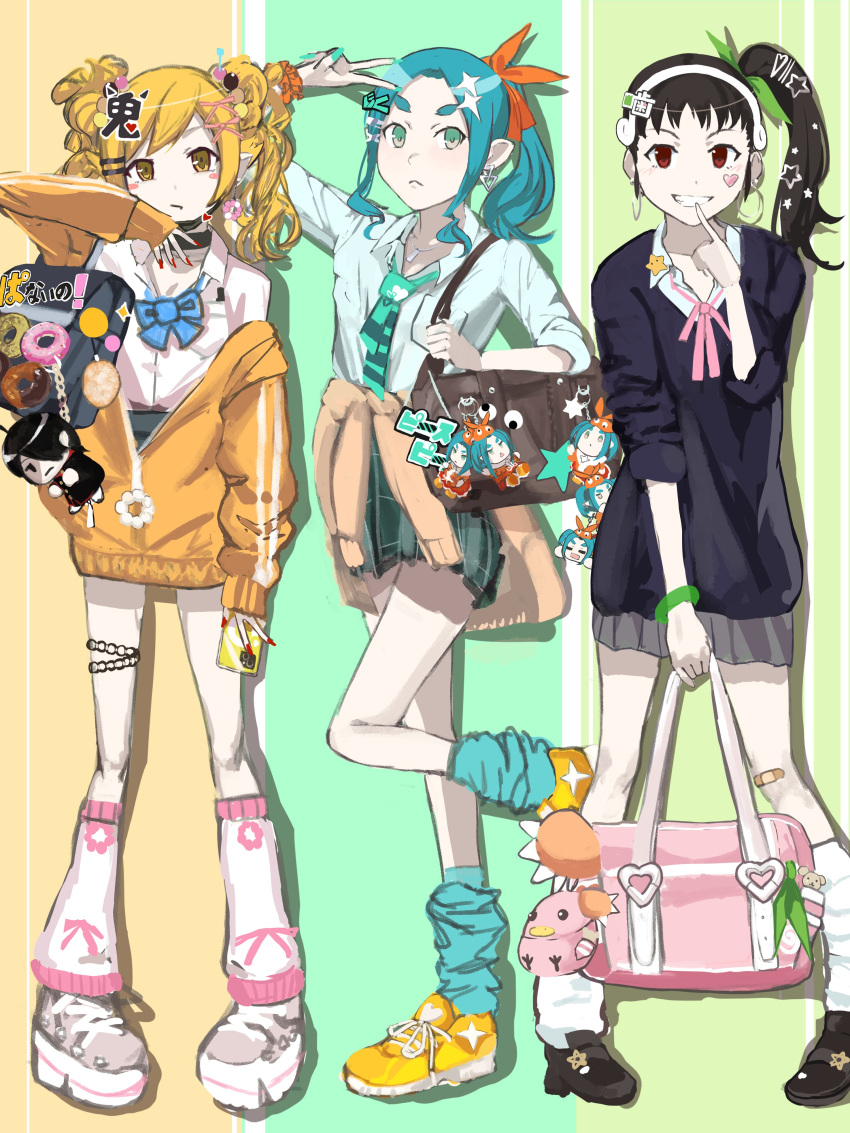 3girls, absurdres, aqua_background, aqua_hair, aqua_necktie, aqua_skirt, aqua_socks, araragi_koyomi