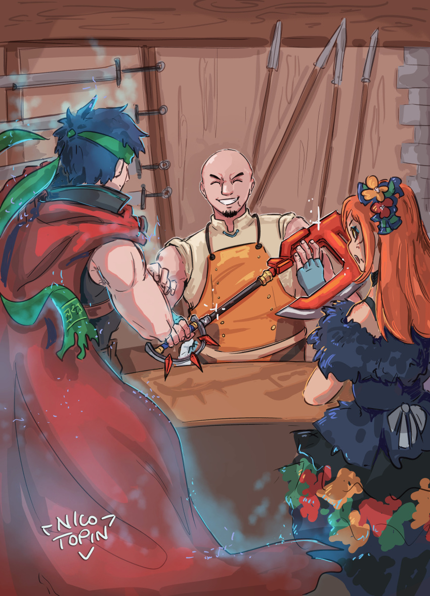 1girl, 2boys, absurdres, aura, bald, blue_aura, blue_hair, cape