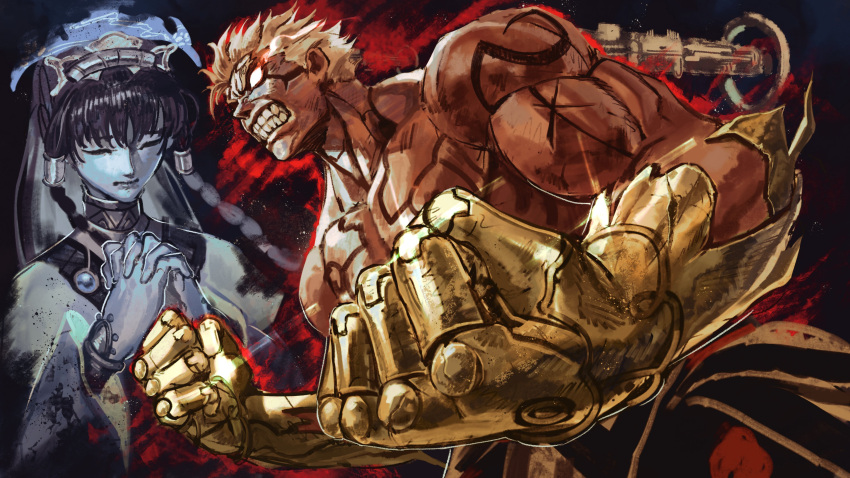 1boy, 1girl, absurdres, angry, asura's_wrath, asura_(asura's_wrath), berserker_rage, blank_eyes