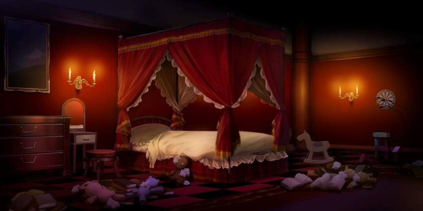 artist_request, bed, bedroom, book, book_stack, broken, candelabra, candlestand, canopy_bed, checkered_floor, dart, dartboard, drawer, game_cg, highres, horse, indoors, mirror, no_humans, pillow, rocking, scarlet_devil_mansion, stuffed_animal, stuffed_toy, stuffing, table, teddy_bear, third-party_source, touhou, touhou_lostword, toy_block, vanity_table