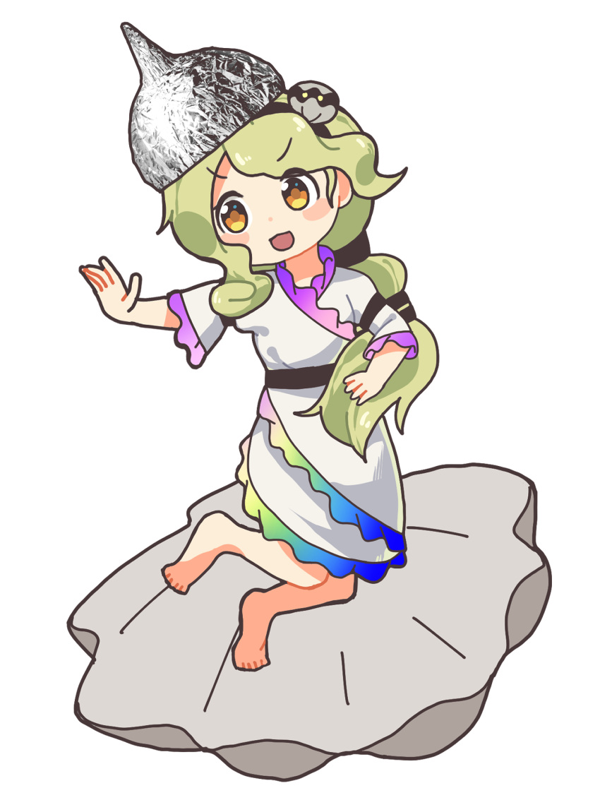 1girl, :3, barefoot, black_hairband, black_sash, commentary_request, dress, frilled_sleeves