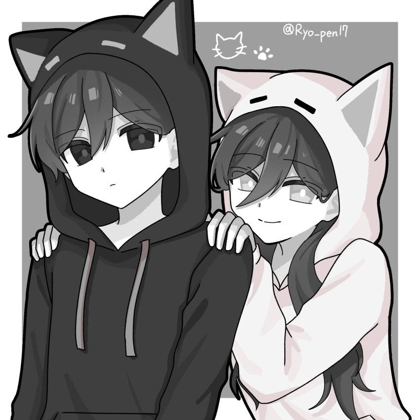1boy, 1girl, black_eyes, black_hair, bright_pupils, character_request, colored_skin, copyright_request