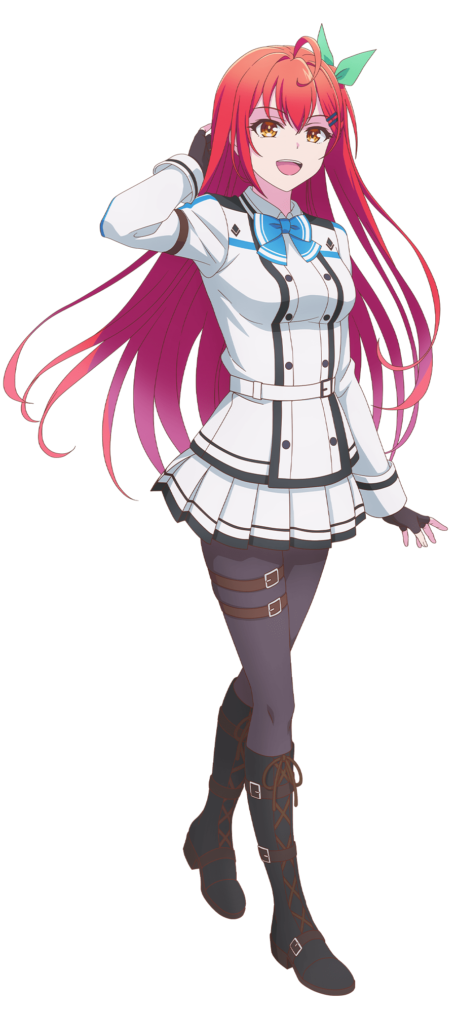 1girl, ahoge, anime_coloring, arm_up, belt, black_boots, black_gloves, blue_bow