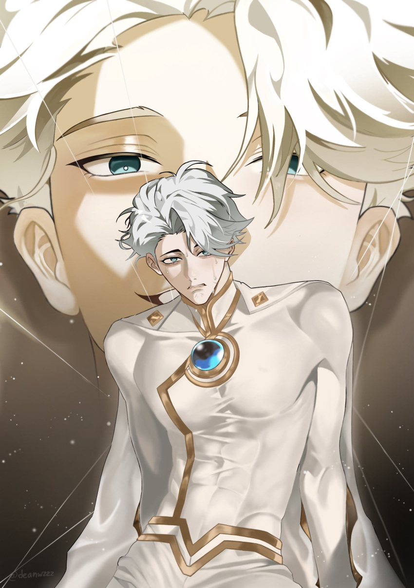 1boy, aqua_eyes, cape, closed_mouth, covered_abs, covered_pectorals, deanwzzz, highres, looking_at_viewer, male_focus, multiple_views, muscular, muscular_male, nice_(to_be_hero_x), pectorals, short_hair, skin_tight, to_be_hero, to_be_hero_x, twitter_username, upper_body, white_cape, white_hair