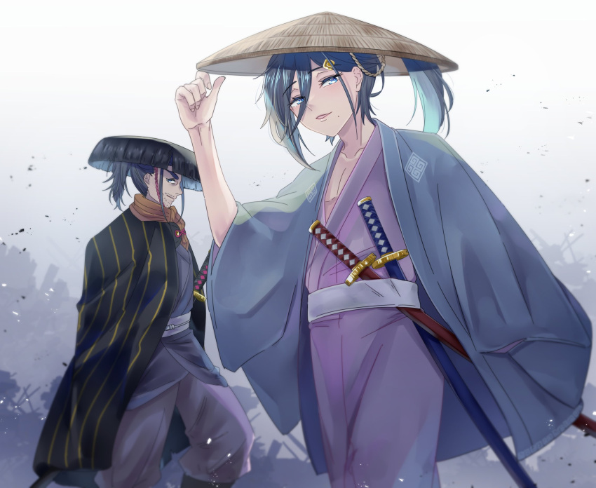 2boys, ahoge, aldebaran_(re:zero), blue_eyes, blue_hair, cape, cecilus_segmunt, clouds