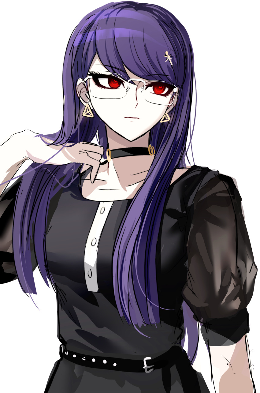 1girl, absurdres, adjusting_hair, belt, black_belt, black_choker, black_dress, choker