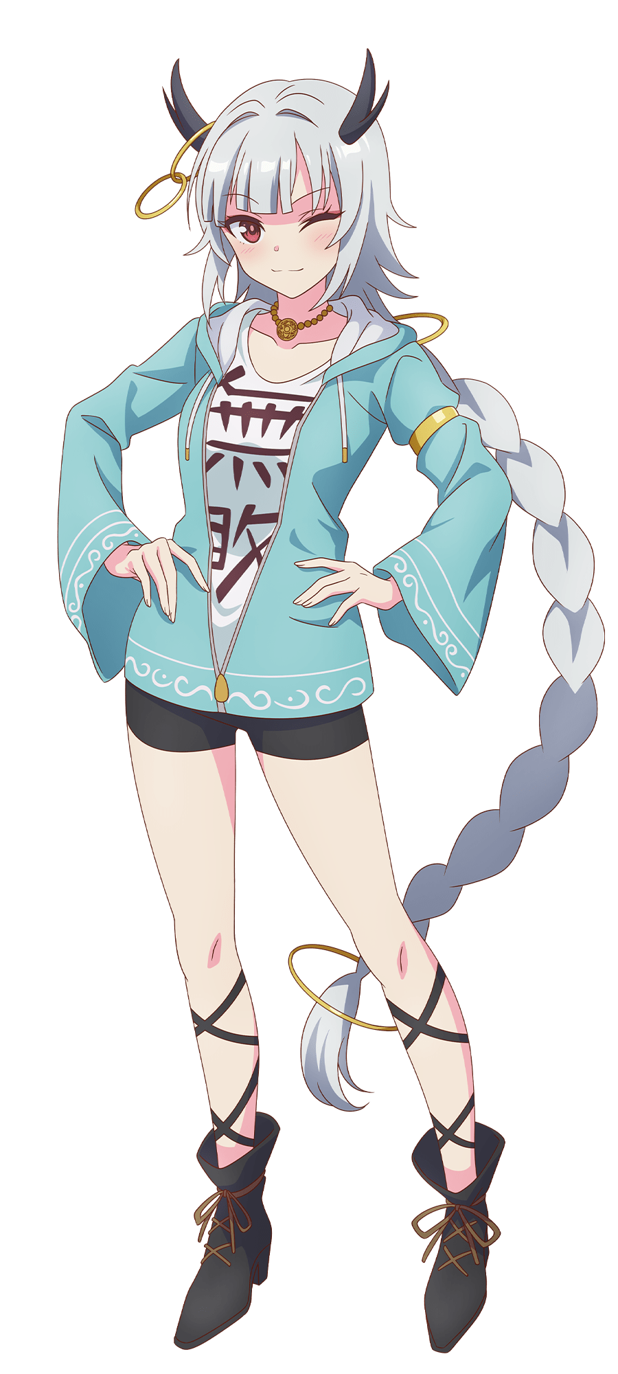 1girl, anime_coloring, arm_belt, bike_shorts, black_boots, black_horns, blue_hoodie, blush, boots, braid, braided_ponytail, closed_mouth, collarbone, eyeliner, full_body, grey_hair, hands_on_own_hips, high_heel_boots, high_heels, highres, hood, hood_down, hoodie, horns, kami_wa_game_ni_ueteiru, long_hair, looking_at_viewer, makeup, mysterious_beautiful_girl_(kami_wa_game_ni_ueteiru), official_art, one_eye_closed, open_clothes, open_hoodie, red_eyeliner, red_eyes, shirt, simple_background, smile, solo, standing, t-shirt, transparent_background, tsurime, very_long_hair, watanabe_yoshihiro, white_shirt, wide_sleeves