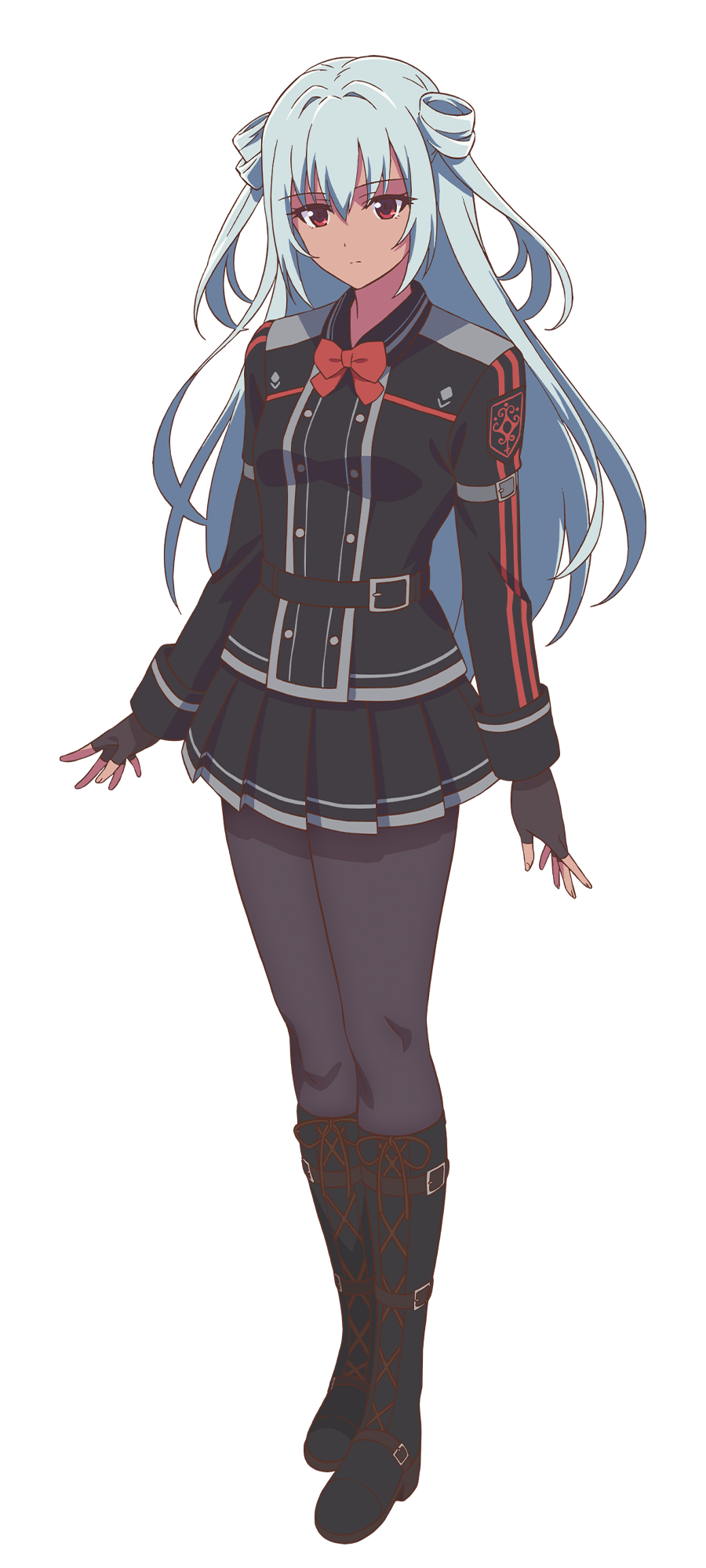 1girl, anime_coloring, belt, black_belt, black_boots, black_gloves, black_jacket, black_pantyhose, black_skirt, blue_hair, boots, bow, bowtie, breasts, closed_mouth, dark-skinned_female, dark_skin, double_bun, fingerless_gloves, full_body, gloves, hair_between_eyes, hair_bun, highres, jacket, kami_wa_game_ni_ueteiru, kelritch_shee, long_hair, long_sleeves, looking_at_viewer, official_art, open_hands, pantyhose, pleated_skirt, red_bow, red_eyes, sidelocks, simple_background, skirt, small_breasts, solo, standing, transparent_background, very_long_hair, watanabe_yoshihiro