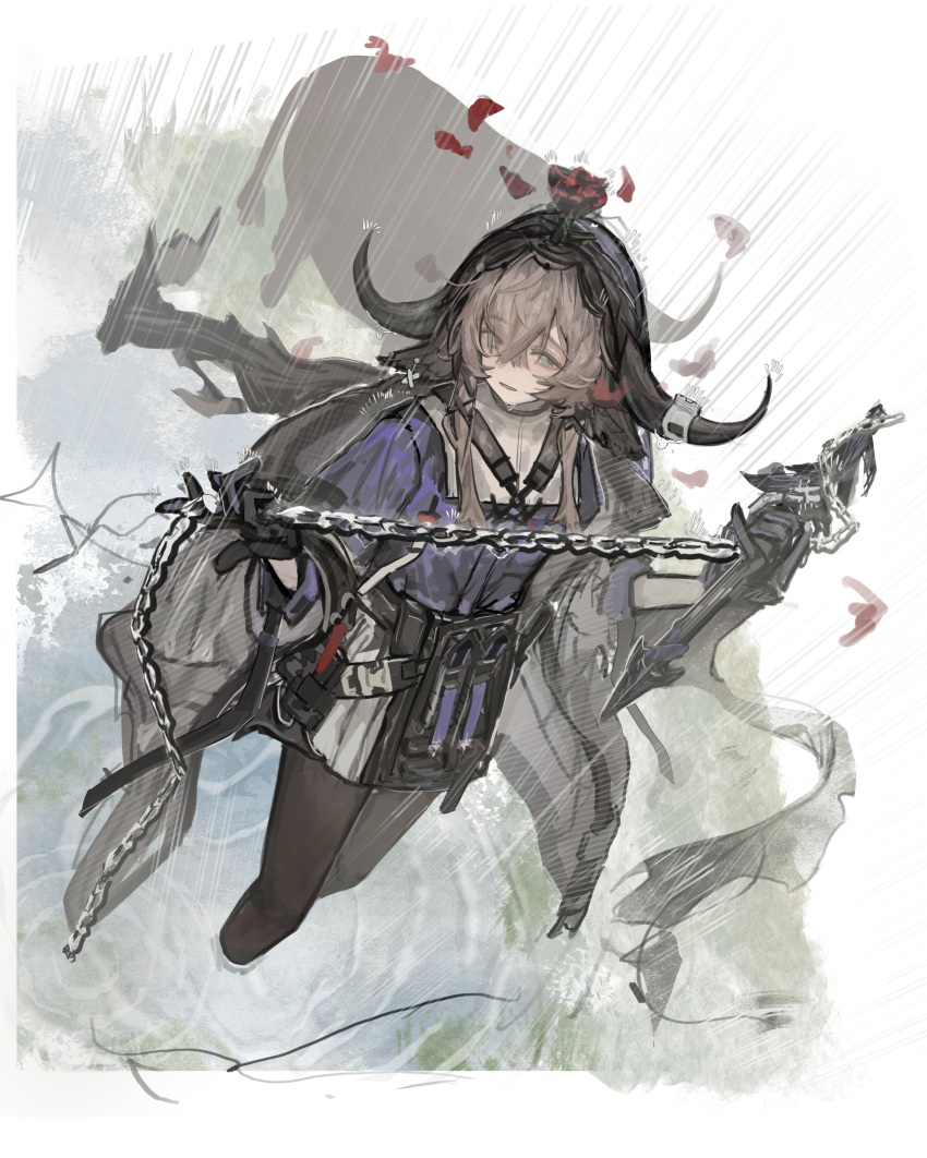 1girl, absurdres, animal_ears, arknights, black_gloves, black_pantyhose, brown_hair, chain_weapon, commentary_request, cow_ears, cow_girl, cow_horns, detached_hood, flower, flower_on_head, gloves, green_eyes, hair_between_eyes, highres, holding, holding_weapon, horns, kotowaza, looking_at_viewer, pallas_(arknights), pantyhose, partially_submerged, petals, purple_shirt, rain, red_flower, red_rose, rose, rose_petals, shirt, short_hair_with_long_locks, skirt, solo, water, weapon