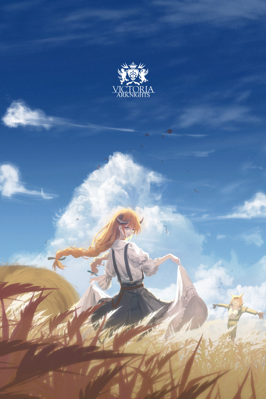 1girl, :d, absurdres, arknights, bagpipe_(arknights), bagpipe_(echo_of_bagpipes)_(arknights), blue_overalls, blue_sky