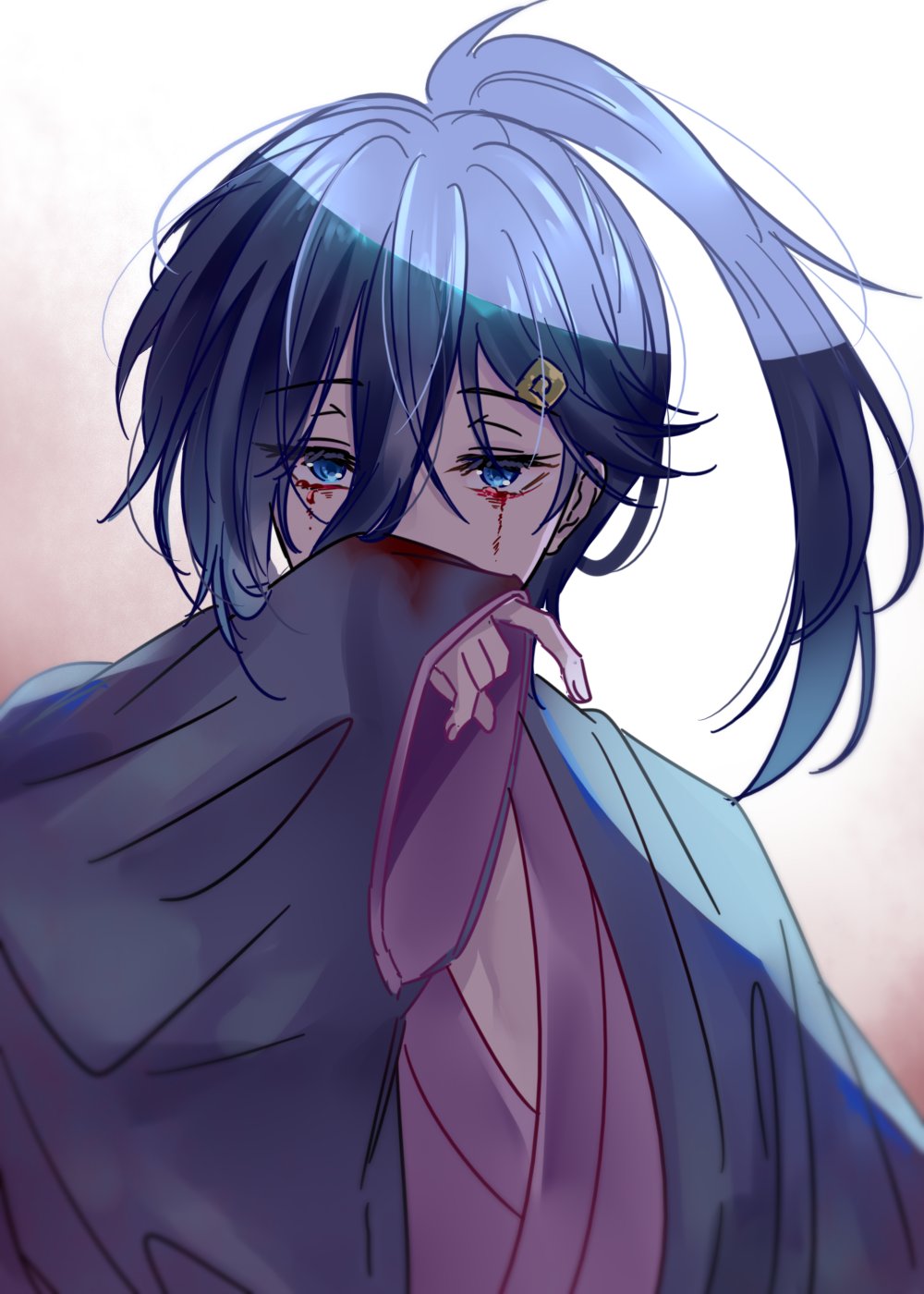 1boy, ahoge, asymmetrical_bangs, blood, blood_on_face, blue_eyes, blue_hair, cecilus_segmunt