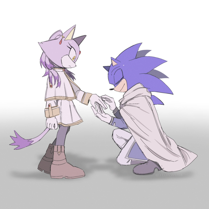 1boy, 1girl, animal_ears, blaze_the_cat, boots, brown_boots, cape, cat_ears